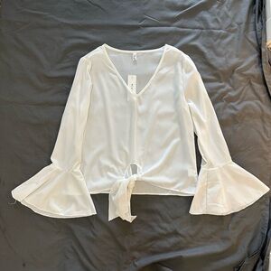 White Bell Sleeve Tie-Front Top